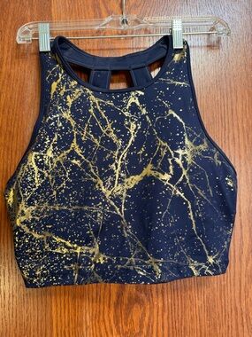 Marika Navy and Gold Marble Print Crop Tank Sports Bra size Large